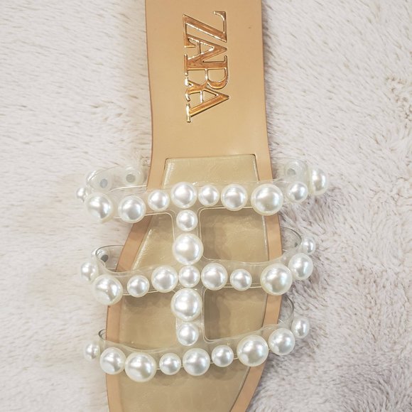ZARA FLAT VINYL PEARL BEAD SANDALS Size 6 - Picture 6 of 6